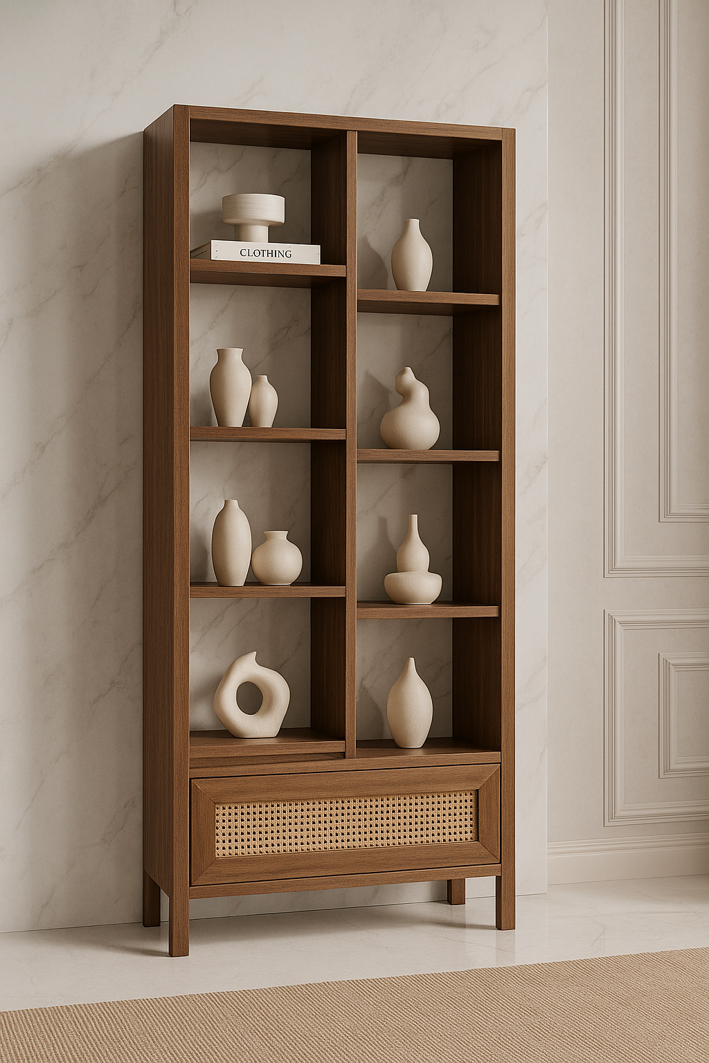 Italian modern walnut wooden display shelf with handwoven cane panel and geometric open shelving