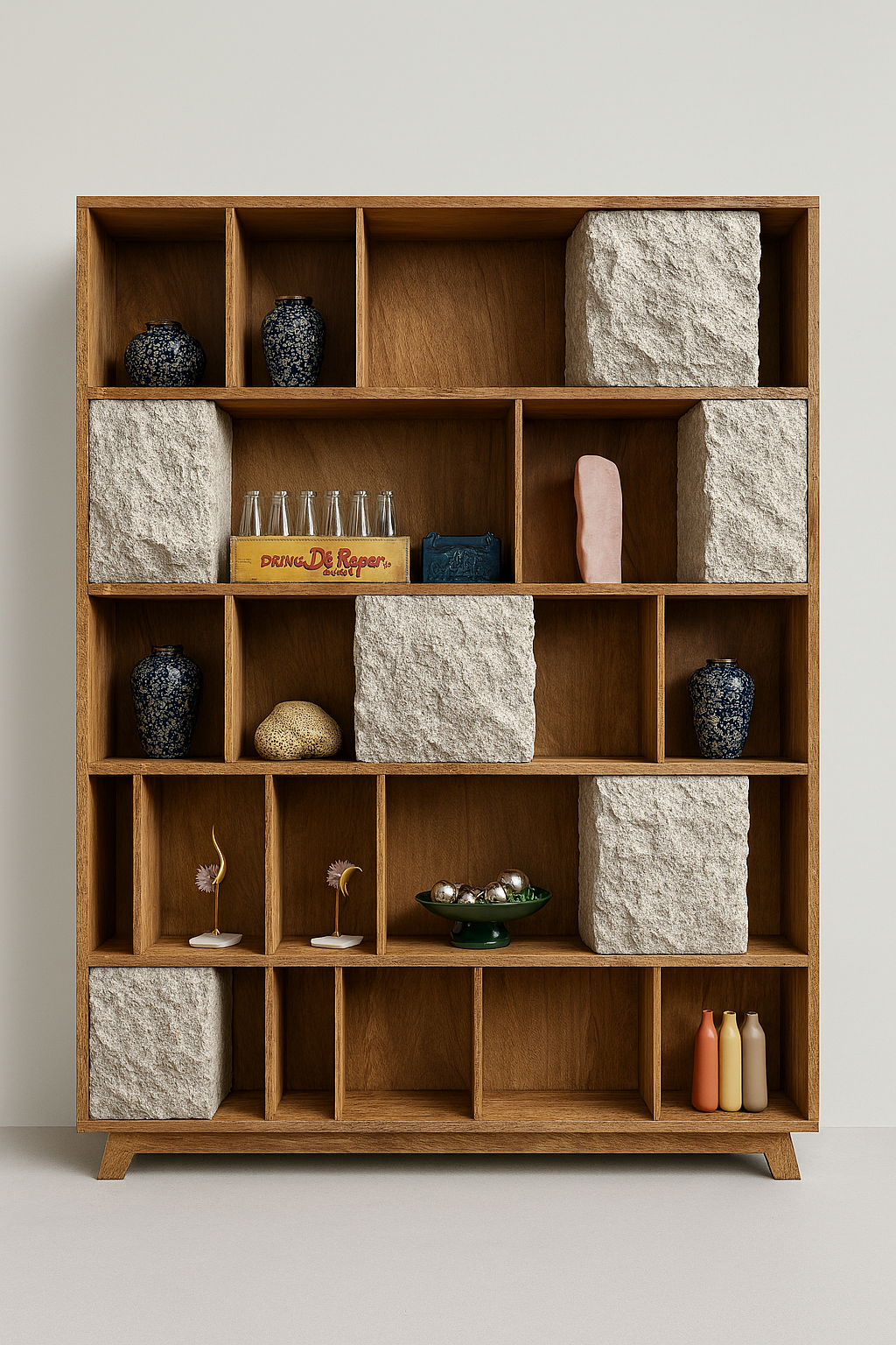 Oak cabinet with natural textured stone blocks and multi-grid compartments in luxury modern design
