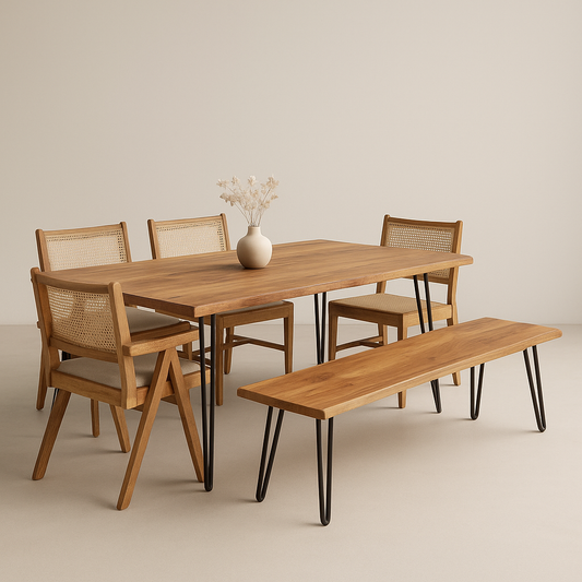 Ravara Dining Table in natural wood with black metal legs and bench – The Meem Store