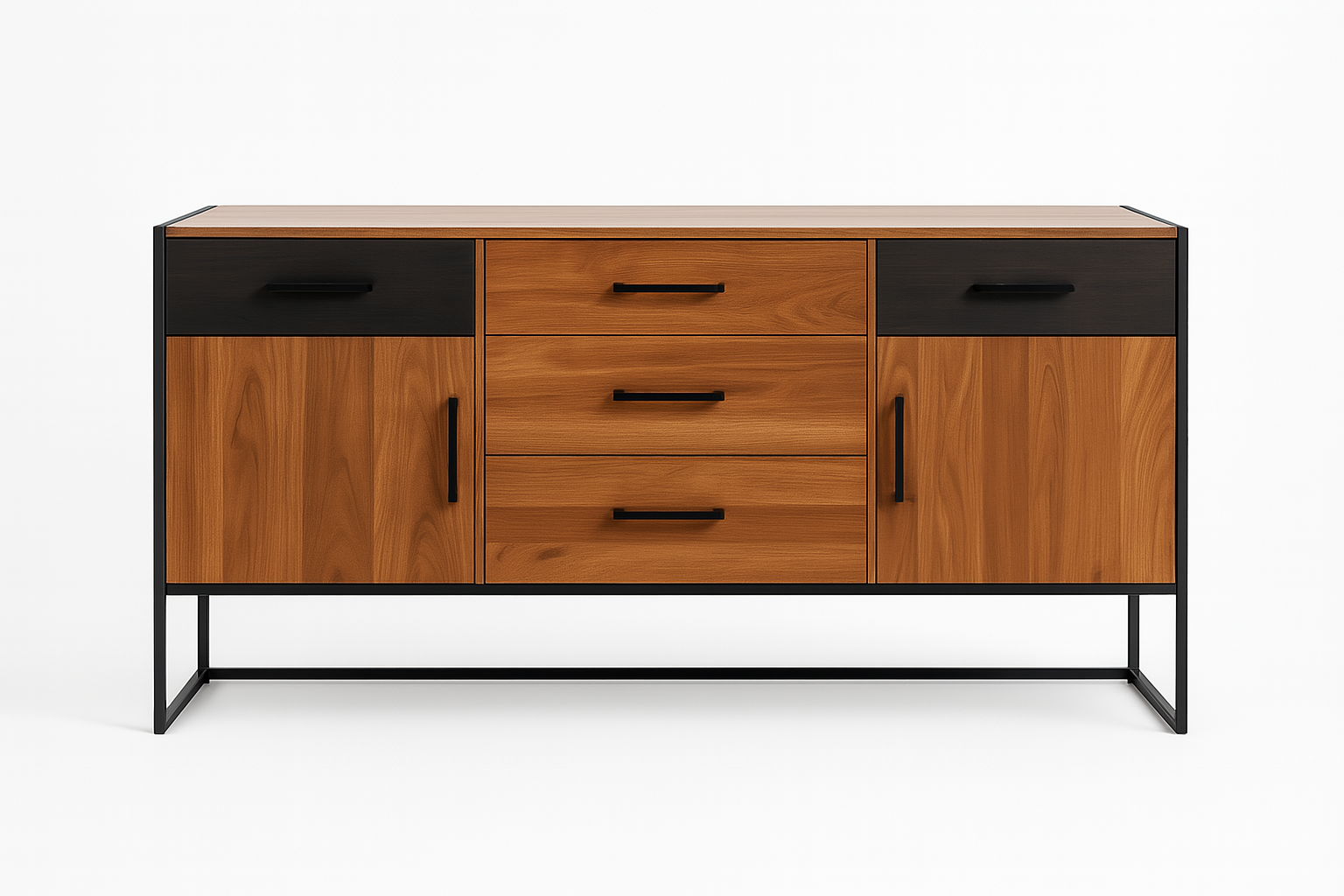 Ravlen Console Table with walnut laminate body and matte black steel frame – The Meem Store