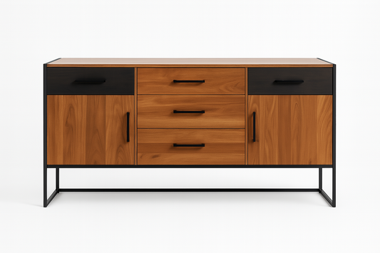 Ravlen Console Table with walnut laminate body and matte black steel frame – The Meem Store