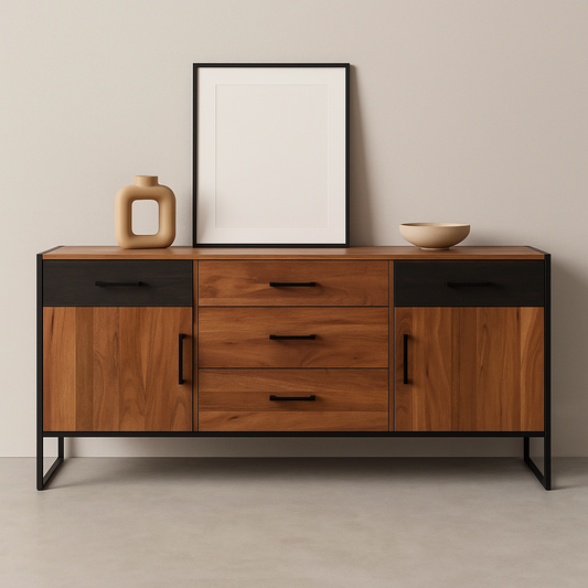 Modern industrial console table with walnut laminate panels and black steel frame – The Meem Store