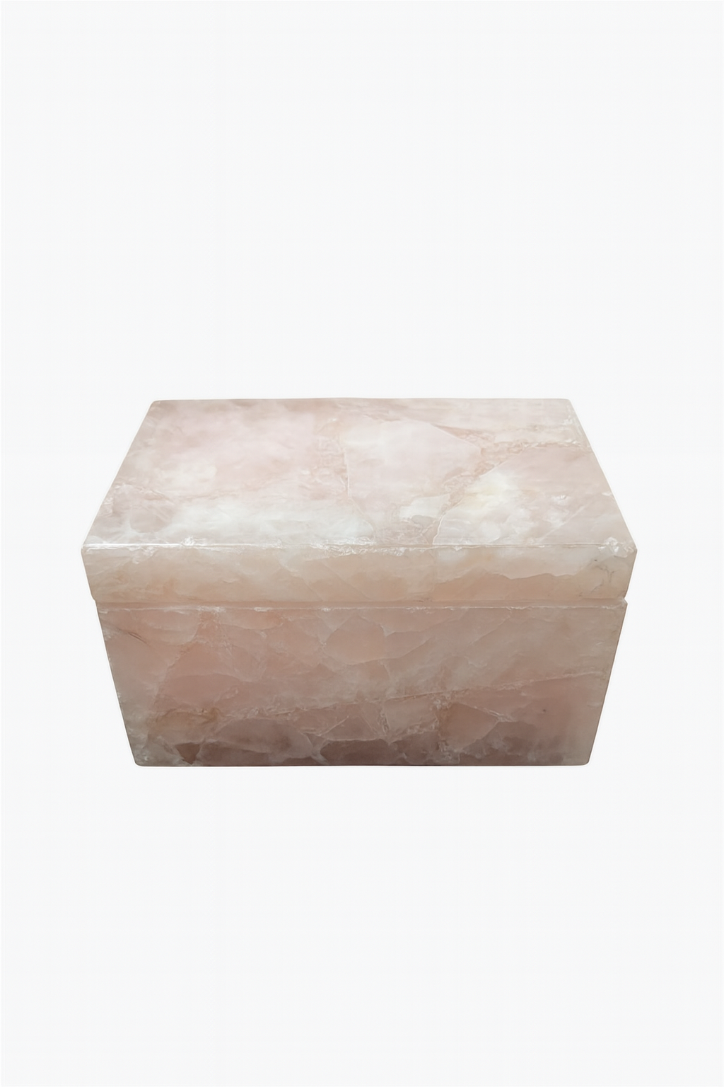 Closed rose quartz casket showcasing smooth crystal surface and geometric form – The Meem Store