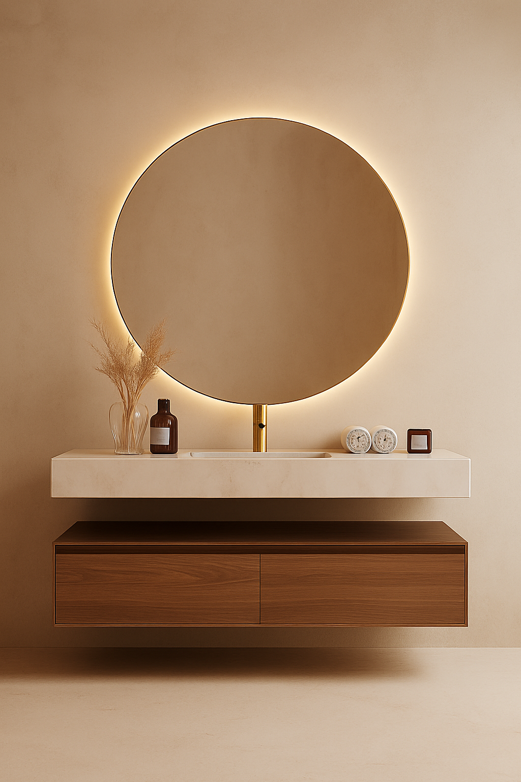 Minimal under-mount vanity with cream stone top, walnut drawers, and backlit round mirror in modern luxury bathroom.