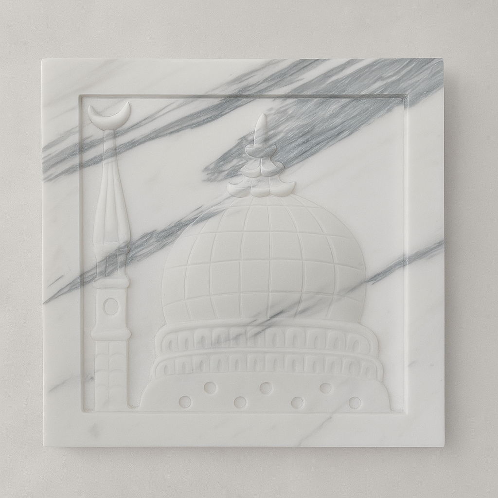 Hand-carved Volakas marble Madina Roza wall panel with dome and minaret design – The Meem Store