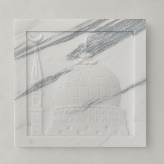 Hand-carved Volakas marble Madina Roza wall panel with dome and minaret design – The Meem Store