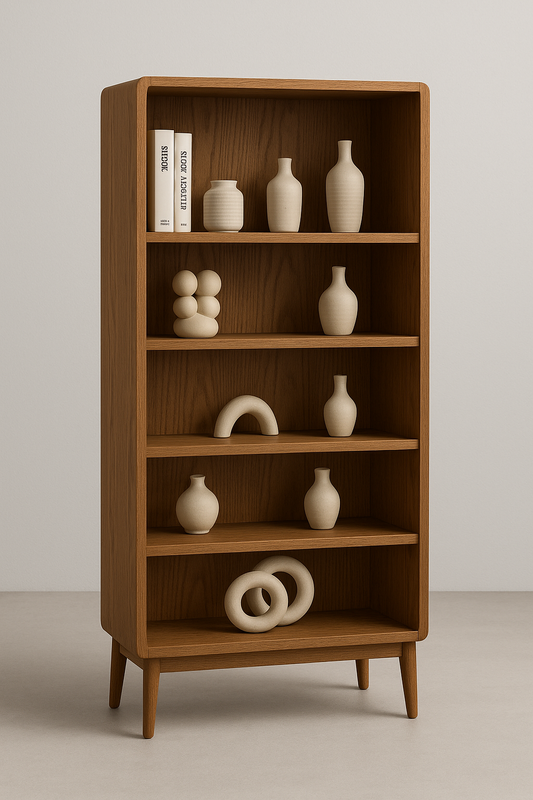 Italian oak wooden display shelf with rounded edges and elevated legs in a minimal modern design