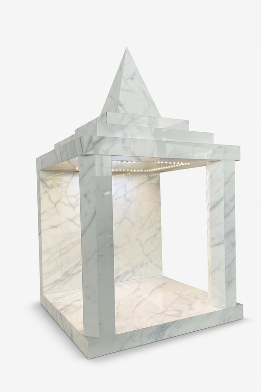 Angled view of white porcelain home temple with stepped tiers and LED lighting – The Meem Store