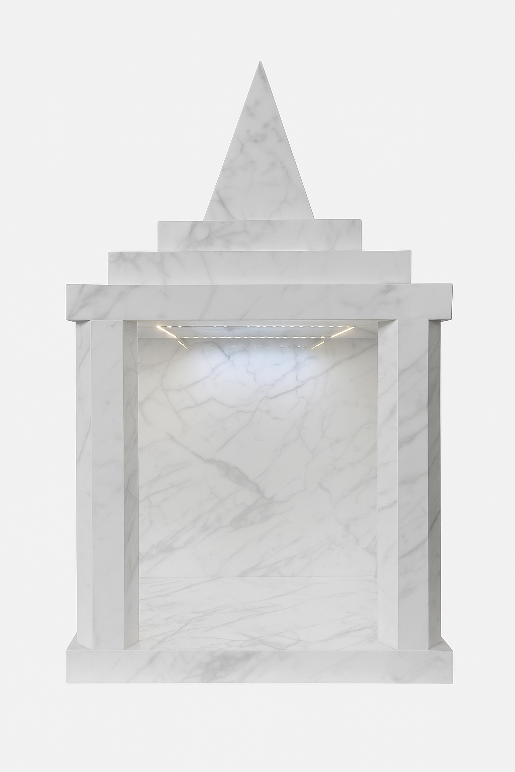 White porcelain home temple with Italian marble-look veining and pyramid crown – Front view – The Meem Store