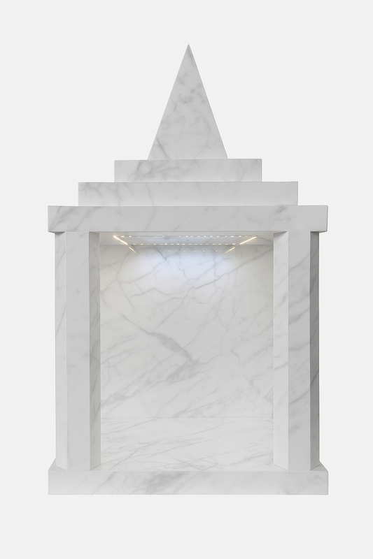 White porcelain home temple with Italian marble-look veining and pyramid crown – Front view – The Meem Store