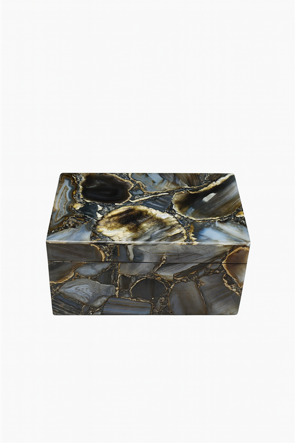 Luxury black agate box with lid closed, showcasing natural stone pattern – The Meem Store
