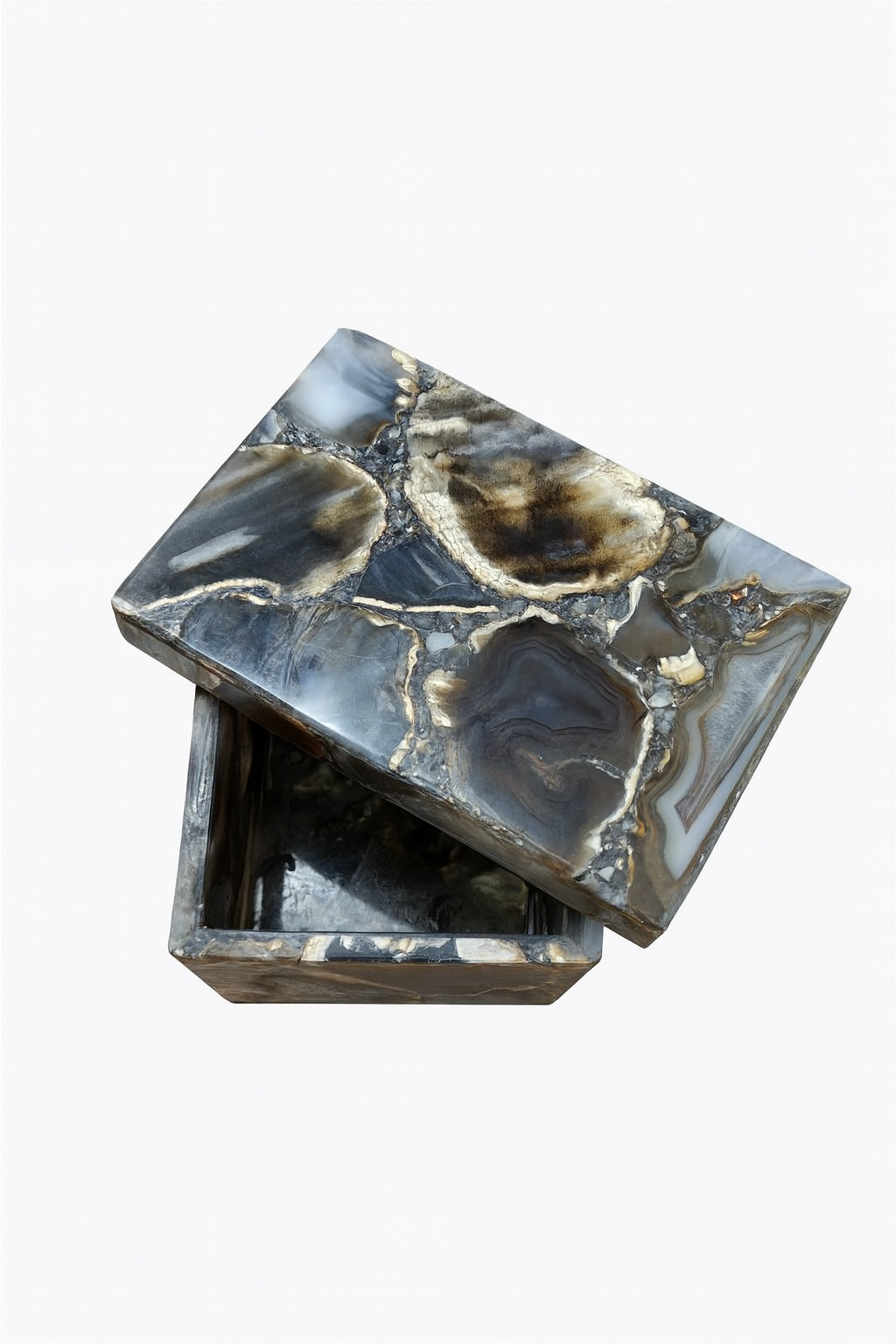 Black agate casket with golden crystalline veining and polished finish – The Meem Store