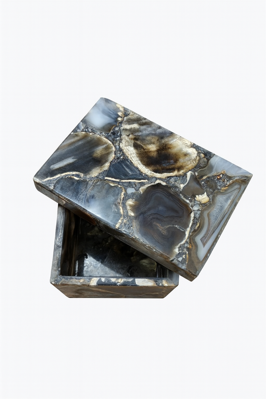 Black agate casket with golden crystalline veining and polished finish – The Meem Store