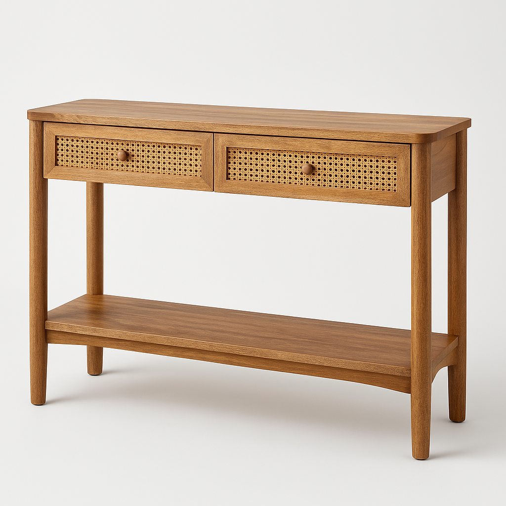 Serava Console Table in natural wood with twin cane drawers and open shelf – The Meem Store