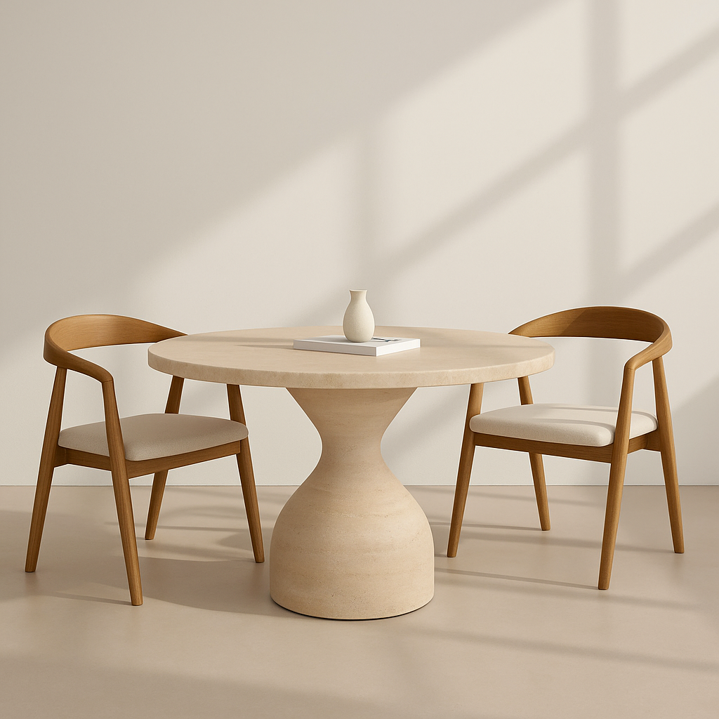 Seravine Dining Table crafted in full travertine marble with sculptural pedestal base – The Meem Store
