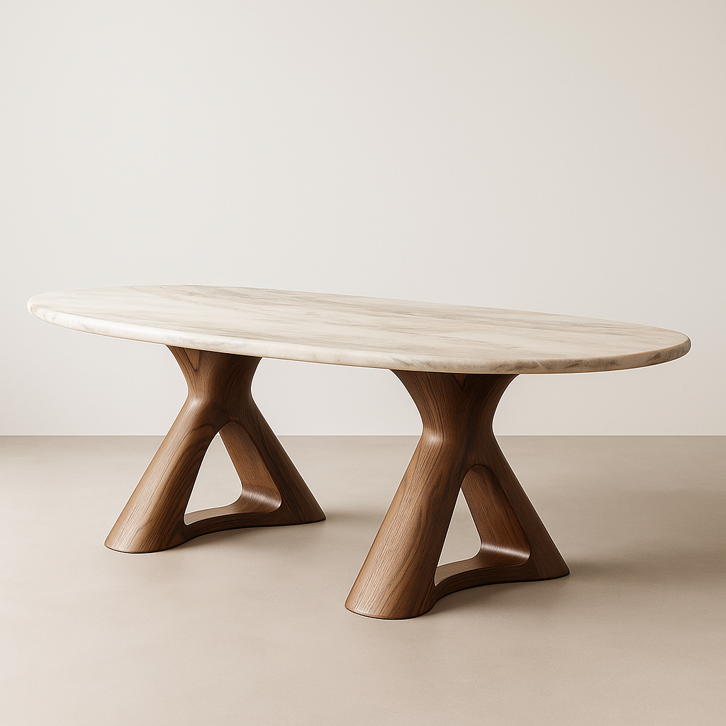 Seravion Dining Table with beige marble top and sculpted walnut base – The Meem Store
Second Image: seravion-dining-table-2-themeemstore.png