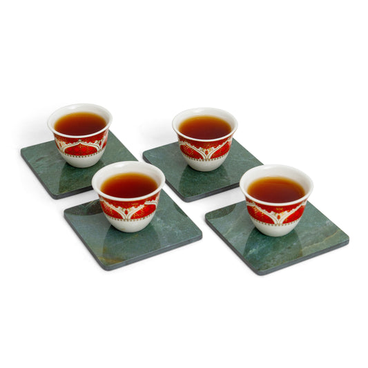 Emerald green porcelain coaster set of four in square shape, perfect for tea, qahwa, and coffee cups – The Meem Store