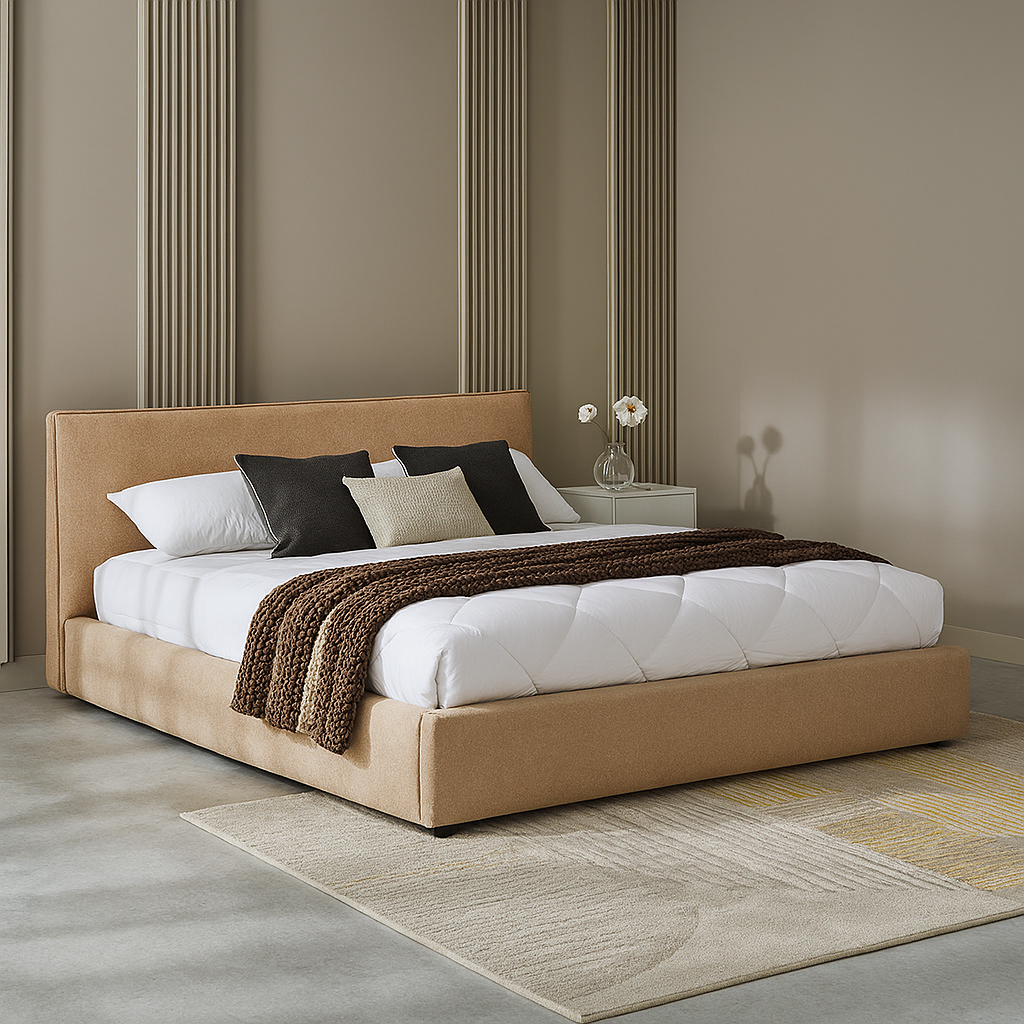 Sienna queen bed in caramel velvet fabric with smooth headboard design, 160 × 190 cm – The Meem Store