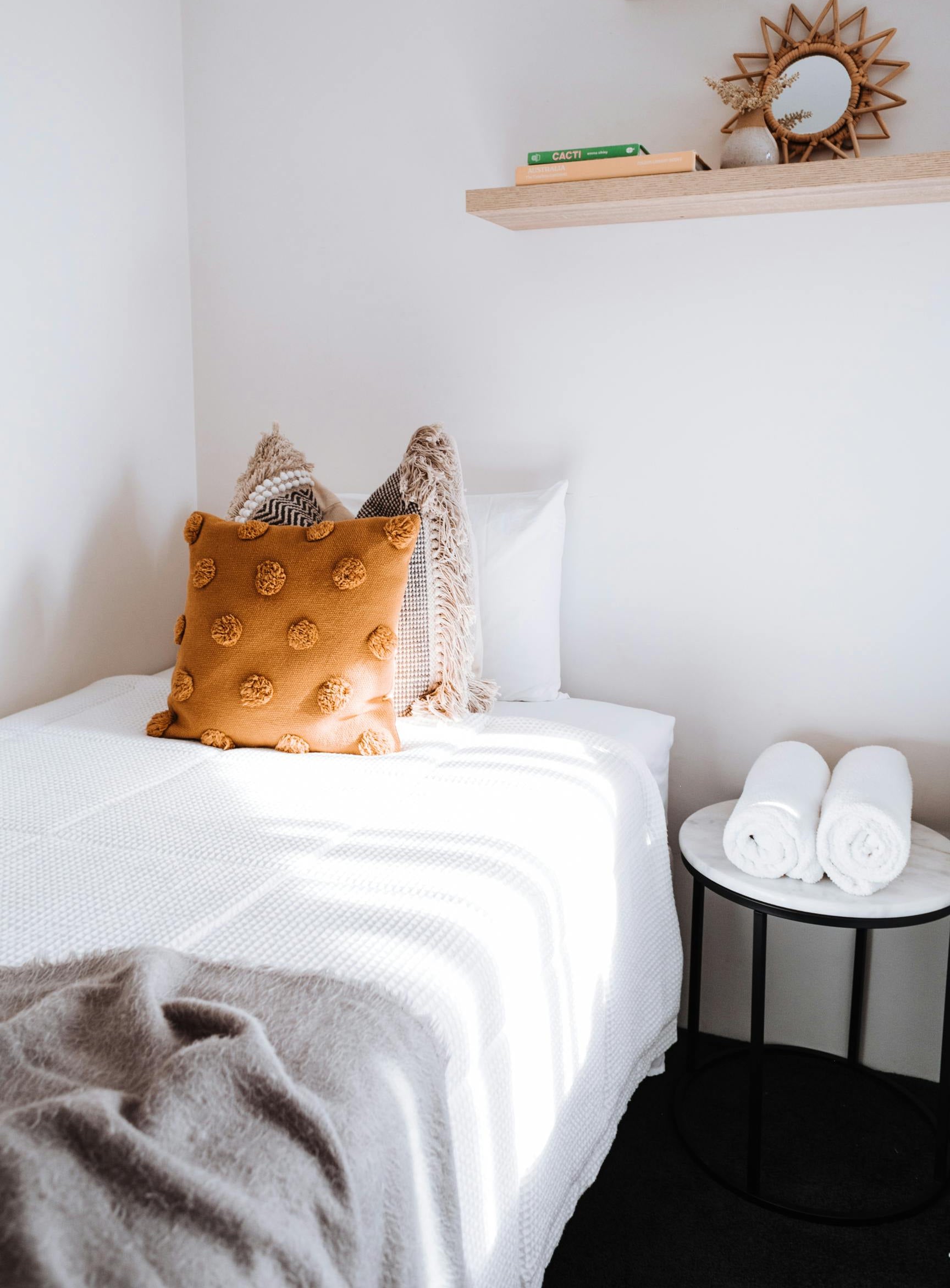 Lifestyle bedroom setup with single bed in Dubai interiors – elegant comfort by The Meem Store.