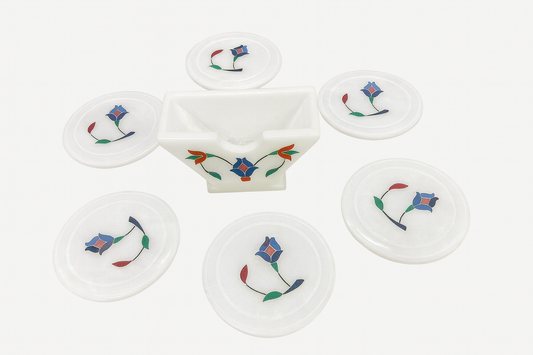 Handcrafted marble coaster set with floral stone inlay and marble holder – The Meem Store