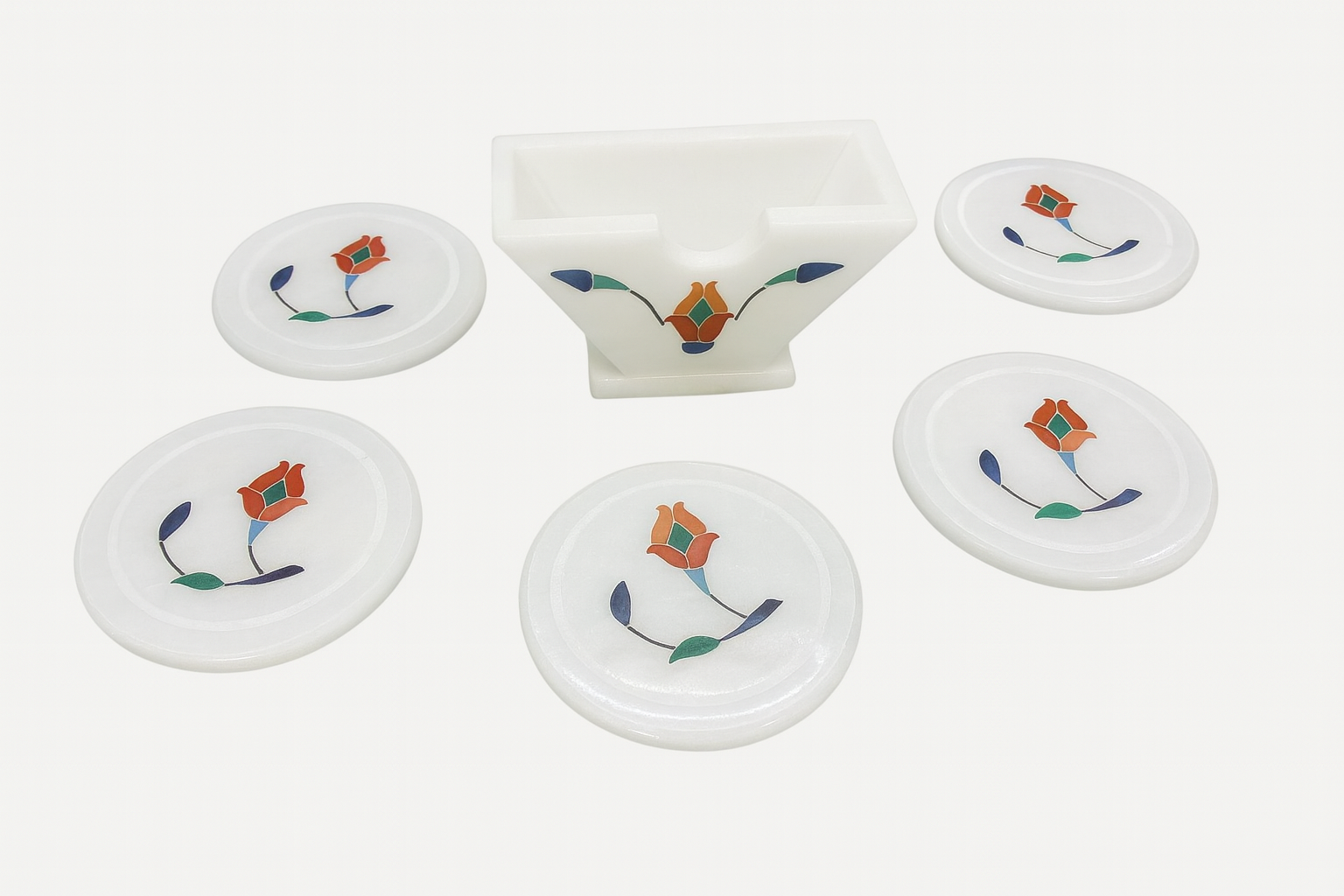 Handcrafted marble coaster set with floral stone inlay and marble holder – The Meem Store