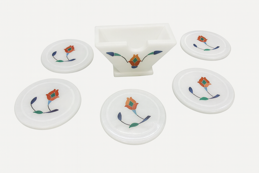 Handcrafted marble coaster set with floral stone inlay and marble holder – The Meem Store