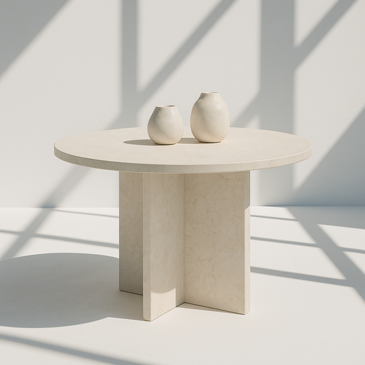 Solara Dining Table in full beige marble with cross base and round top – The Meem Store