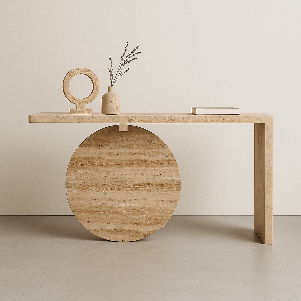 Solaro Console Table crafted in full travertine marble with circular base and linear top – The Meem Store