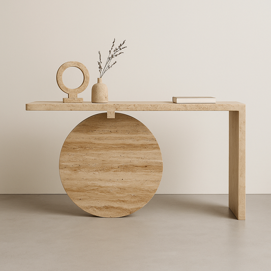 Solaro Console Table crafted in full travertine marble with circular base and linear top – The Meem Store