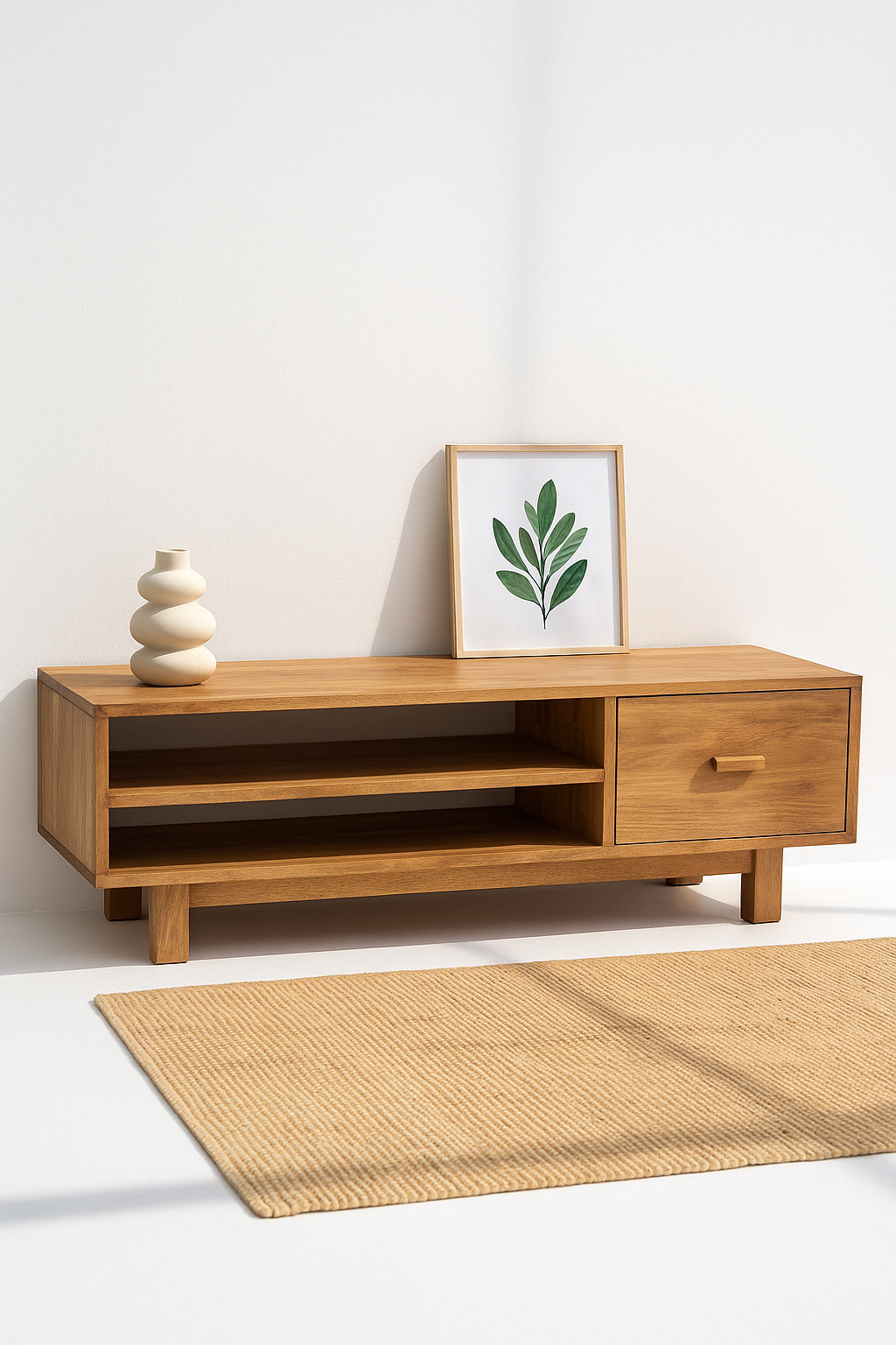 Solea Oak Media Console in natural oak wood with open shelves and drawer – The Meem Store