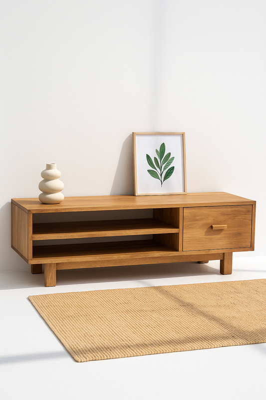 Solea Oak Media Console in natural oak wood with open shelves and drawer – The Meem Store