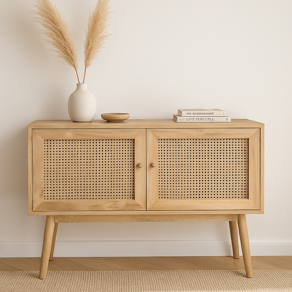 Solvane Console Table in natural oak with handwoven rattan doors – The Meem Store