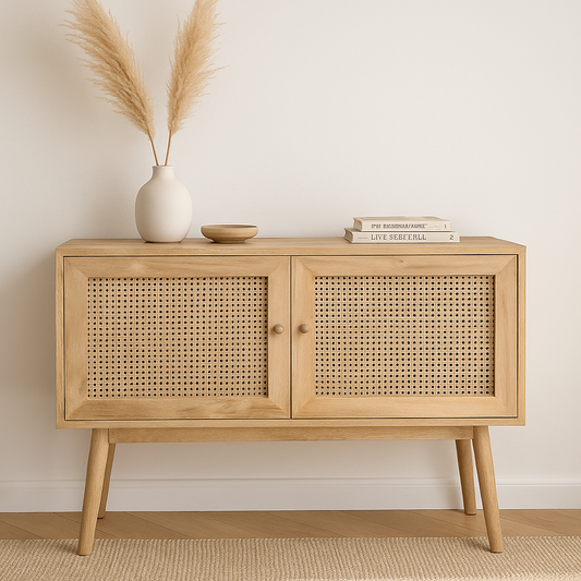 Solvane Console Table in natural oak with handwoven rattan doors – The Meem Store