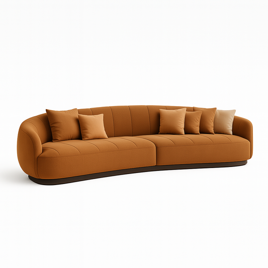 Solvéra sectional sofa in amber rust fabric with espresso wooden base – The Meem Store