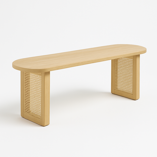 Solvien Bench in natural oak wood with cane panel legs – The Meem Store