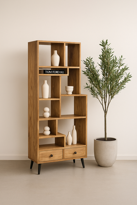 Italian modern oak display shelf with asymmetrical compartments and black tapered legs