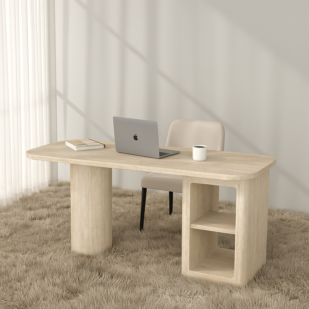 Sorella Travertine Desk crafted in full beige travertine marble with sculptural rounded base – The Meem Store