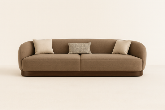 Sorrento 4-seater sofa in mocha textured fabric with solid walnut wooden base – The Meem Store