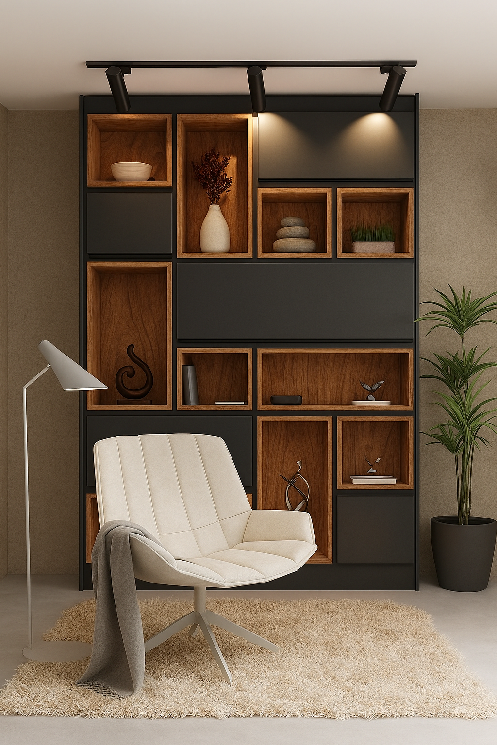 Luxury Italian modern walnut and charcoal black display wall with illuminated niches and architectural design