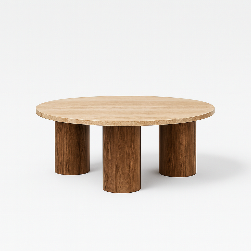 Tavara Coffee Table with travertine marble top and three solid wood cylindrical legs – The Meem Store