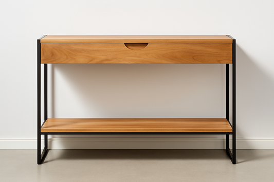 Taverno Console Table in natural wood with matte black metal frame, featuring a drawer and open shelf – The Meem Store