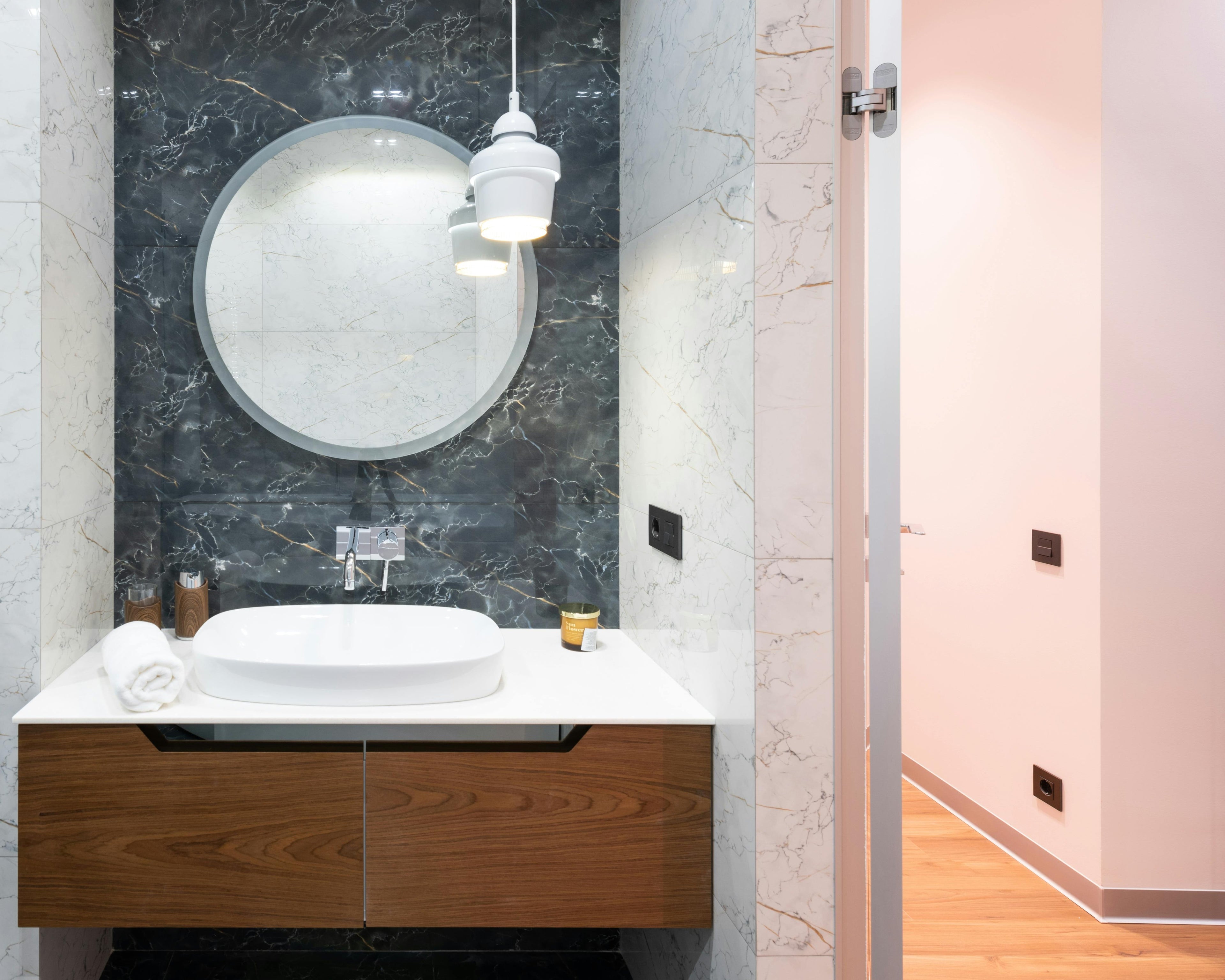 Lifestyle bathroom with top mount vanity – luxury interiors Dubai by The Meem Store.