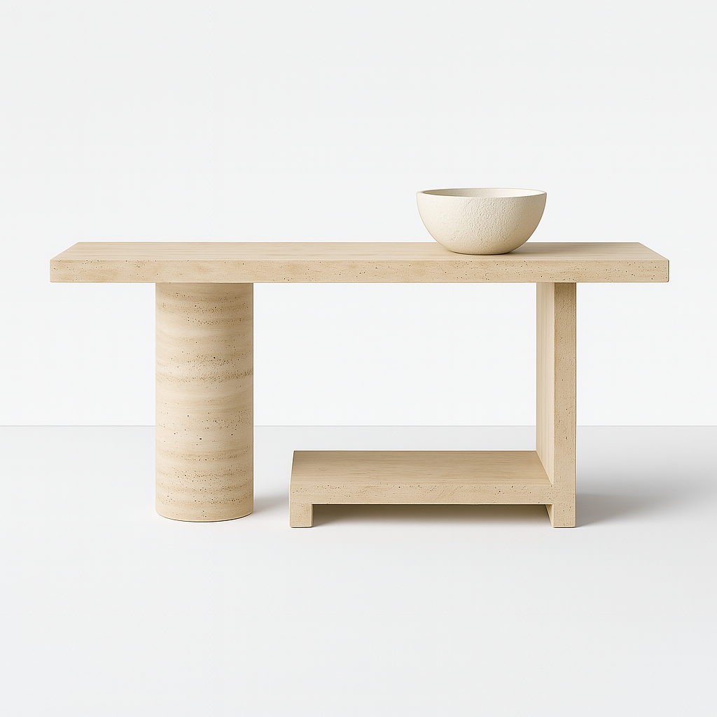 Travano Console Table crafted in full travertine marble with sculptural cylindrical base and offset