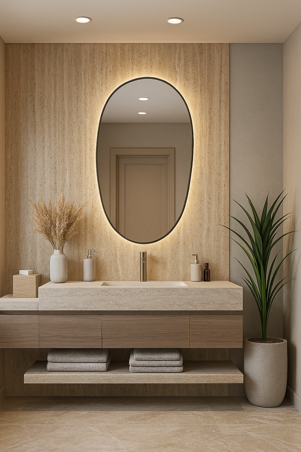Travertine under-mount vanity with halo-lit oval mirror, warm wood drawers, and floating stone shelf in a modern luxury bathroom.