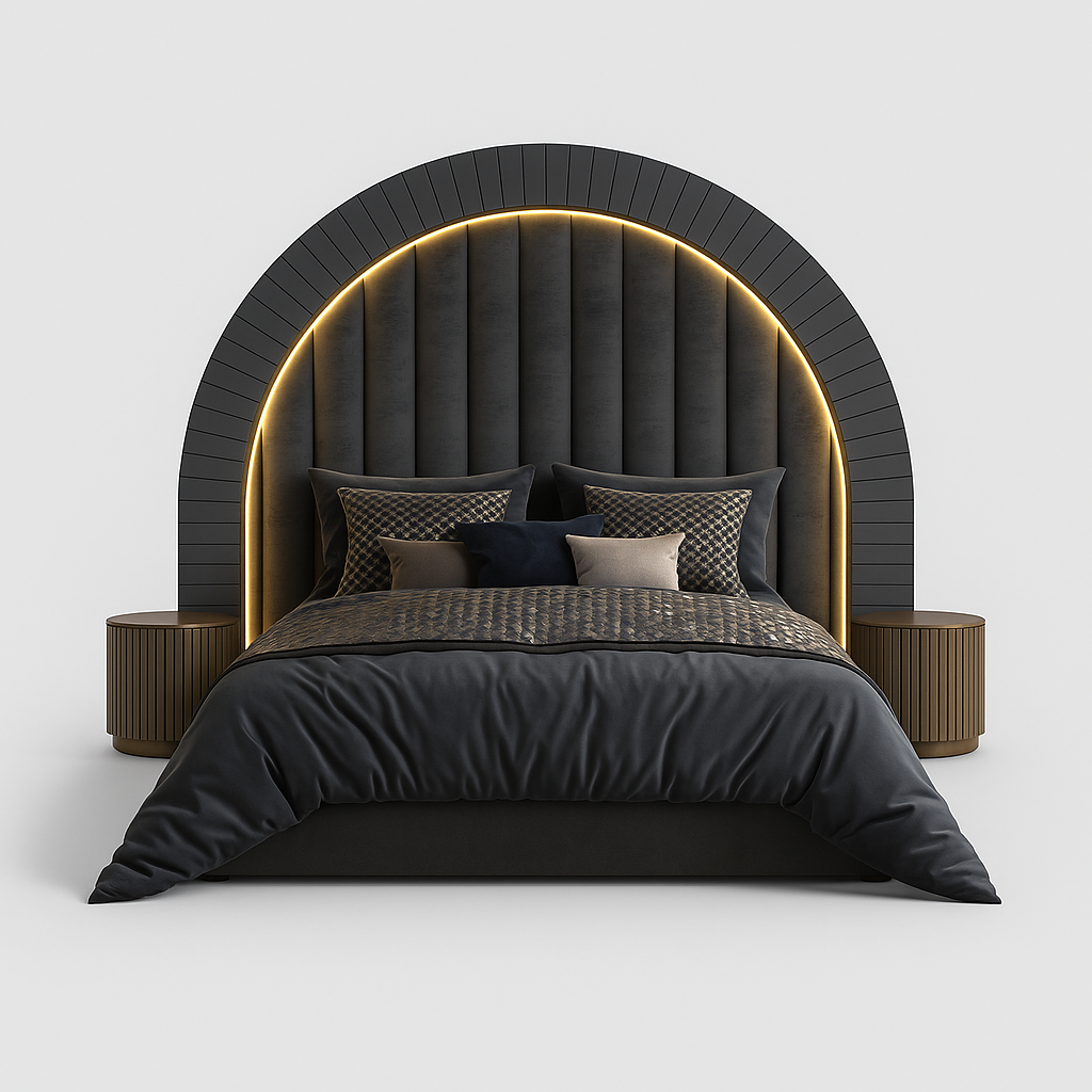 Valentino Super King Bed with LED arch headboard and charcoal velvet upholstery – The Meem Store