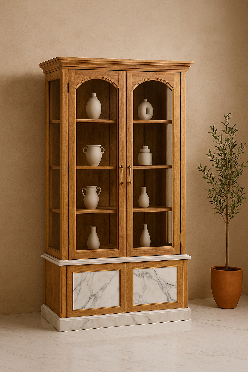 Oak cabinet with arched glass doors and marble panel base in modern classic luxury style