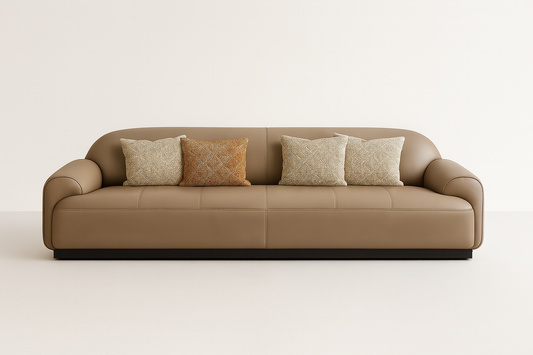 Valenza 4-seater sofa in camel leather with espresso wooden base – The Meem Store