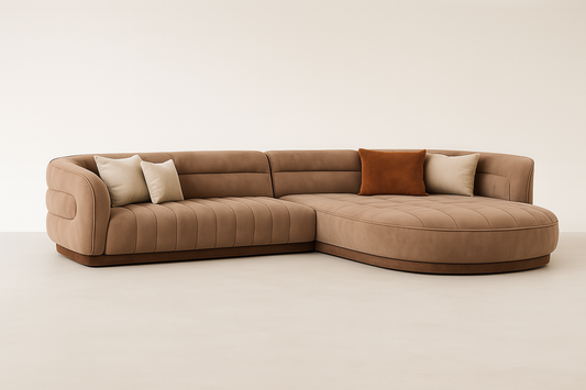 Valmora sectional sofa in caramel suede with walnut wooden base – The Meem Store