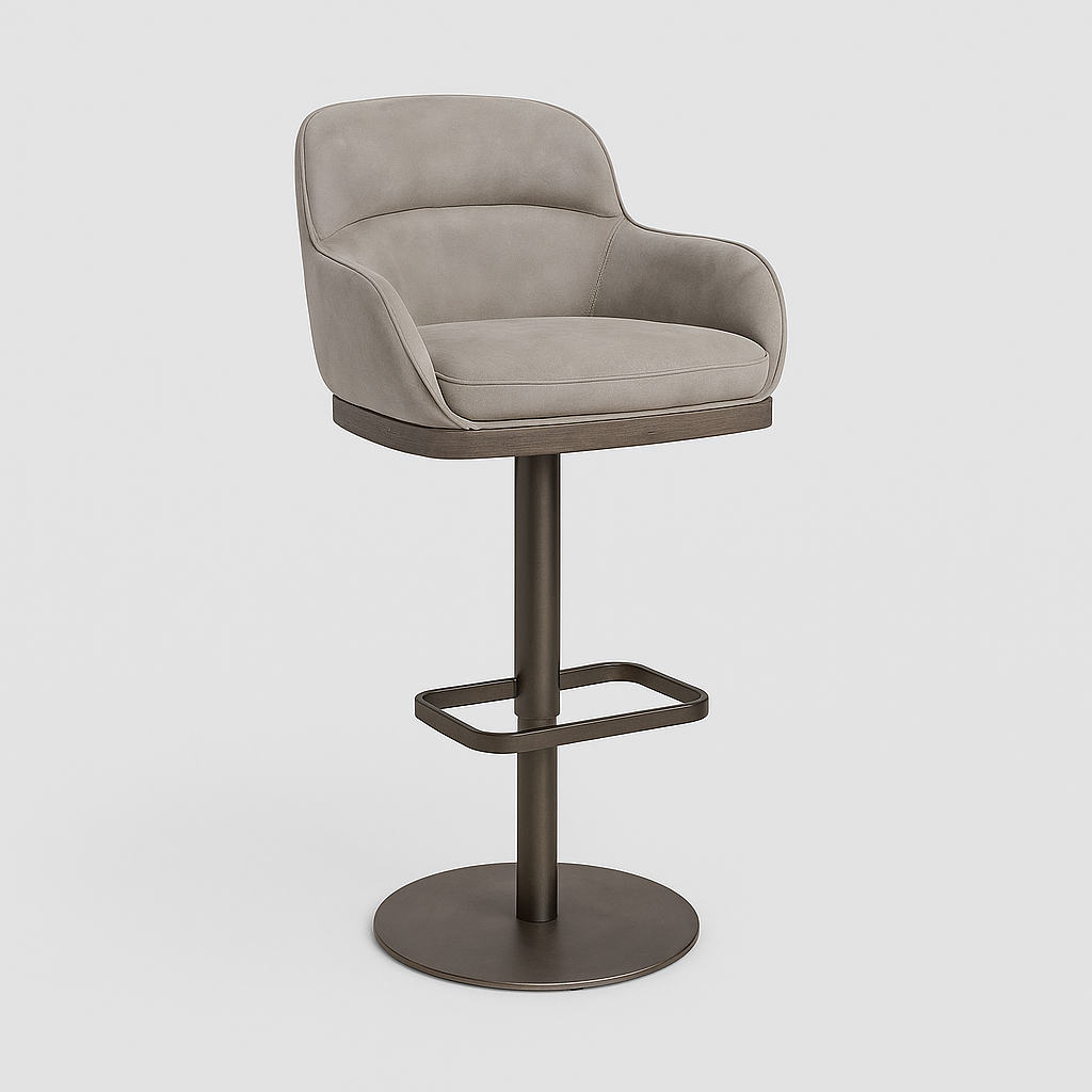Velin Bar Stool with taupe fabric seat and bronze metal base – The Meem Store
