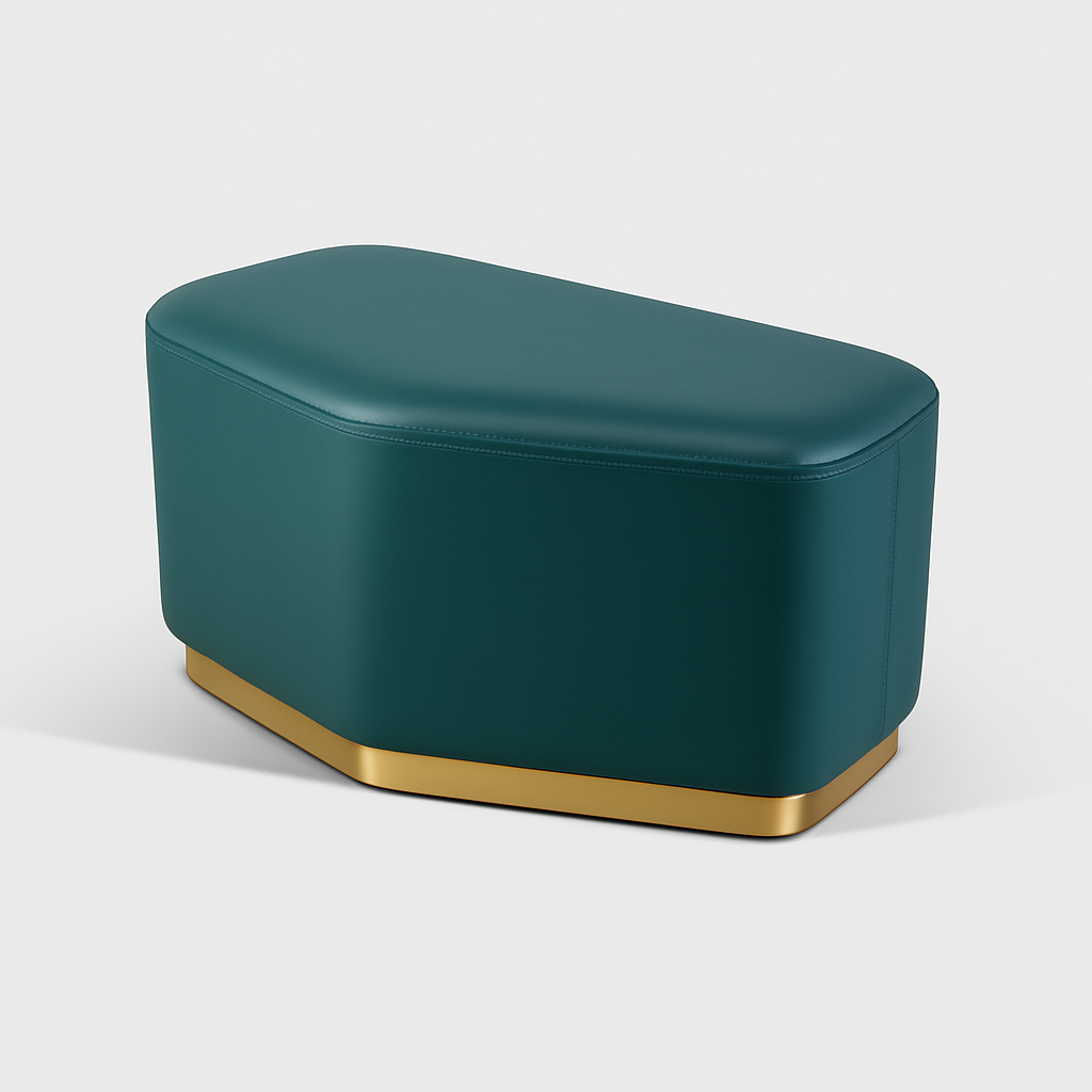 Velmor Ottoman in emerald green leather with polished brass base – The Meem Store